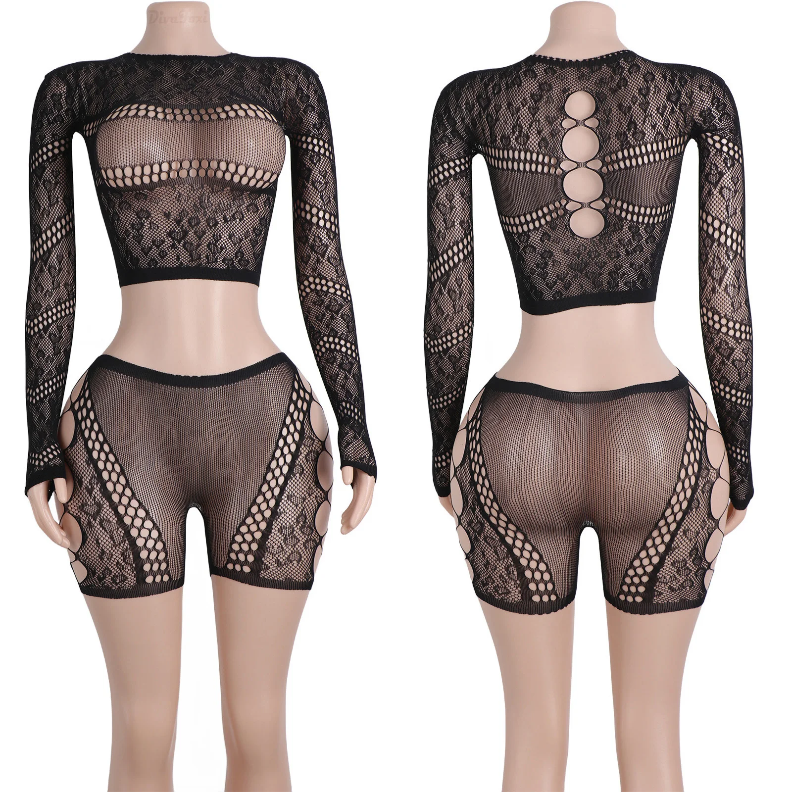 

Women's Exotic Black Lace Two-Piece Dancewear Set with Sleeves Mesh Shorts Adult Club Performance Dancer Outfit