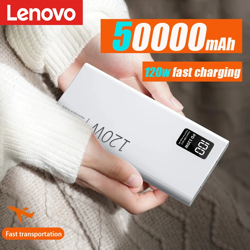 Lenovo 120W Large Capacity Power Bank 50000mAh Super Fast Charging Powerbank Portable Battery Charger For iPhone Samsung Huawei