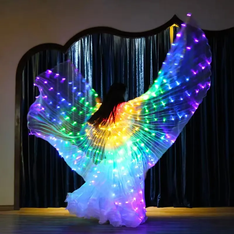 LED Regenboog Kleur Gloeiende Vleugel Lichtgevende Vleugel Buikdans Kostuum LED Party Show Dancewear Fluorescerend Licht Volwassen Kinderen