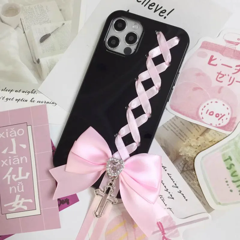 Ballet Style Elegant Pink Ribbon Handmade Soft Case for iPhone Samsung Custom Black Cover Phone Case