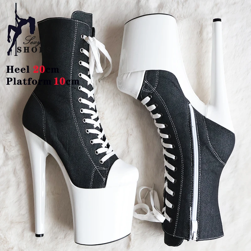 Women Shoes Canvas Platform Lace Up Pink Ankle Boots 20cm High Heel Side Zipper Thick Bottom Fashion Sexy Stiletto Booties