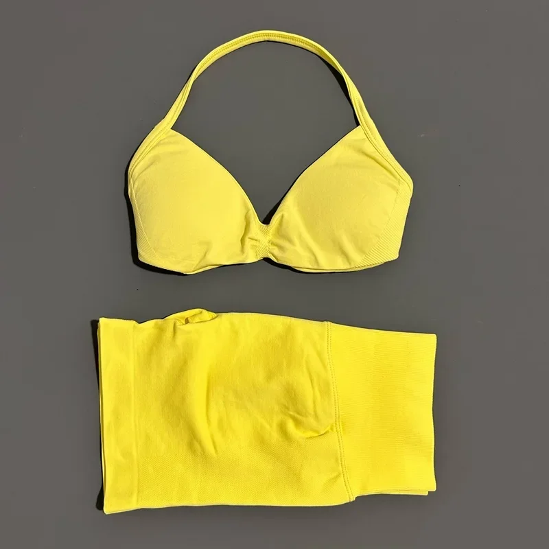 HISTELLO Sportset 2-delig Dames Gym Yoga BH met bandjes Workout Scrunch Shorts Fitness Sportpak Kleding Naadloze yogaset