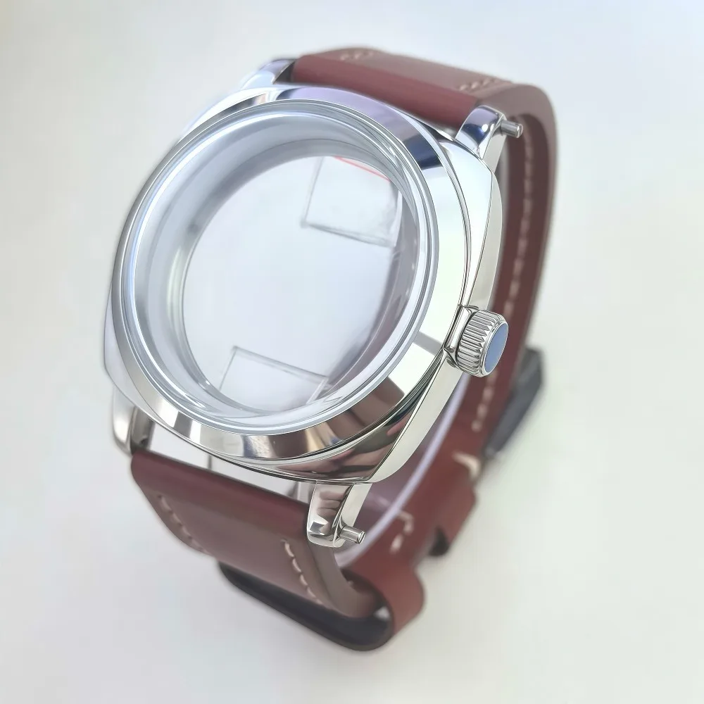 45 مللي متر مصقول ساعة حافظة 100 متر مقاوم للماء حزام ساعة جلدية المسمار تاج صالح ل ST3600 PT مزدوجة قبة الزجاج العضوي المعدني