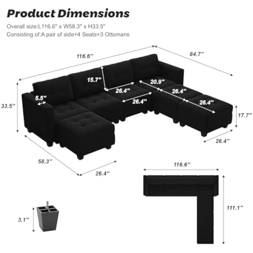 Modular Sectional Sofa, U- Shaped Couch with Storage Seats, Velvet Convertible Sofa Couch with Reversible Chaise, Black