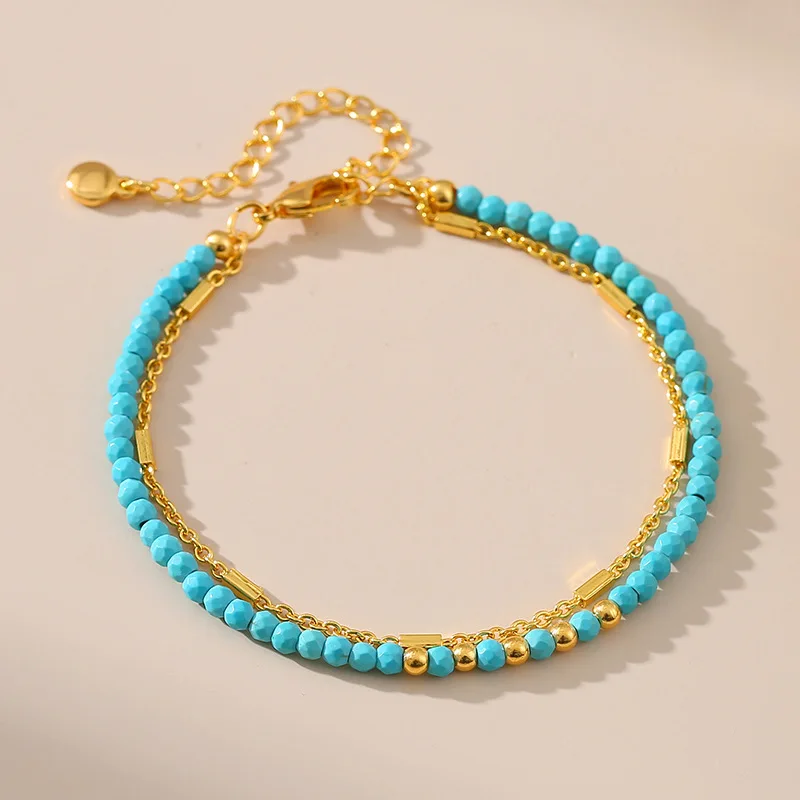 

Ethnic Style Temperament Turquoise Bracelet Plated with 18K Gold Color Preserving Double Layer Chain Unique Women Jewelry