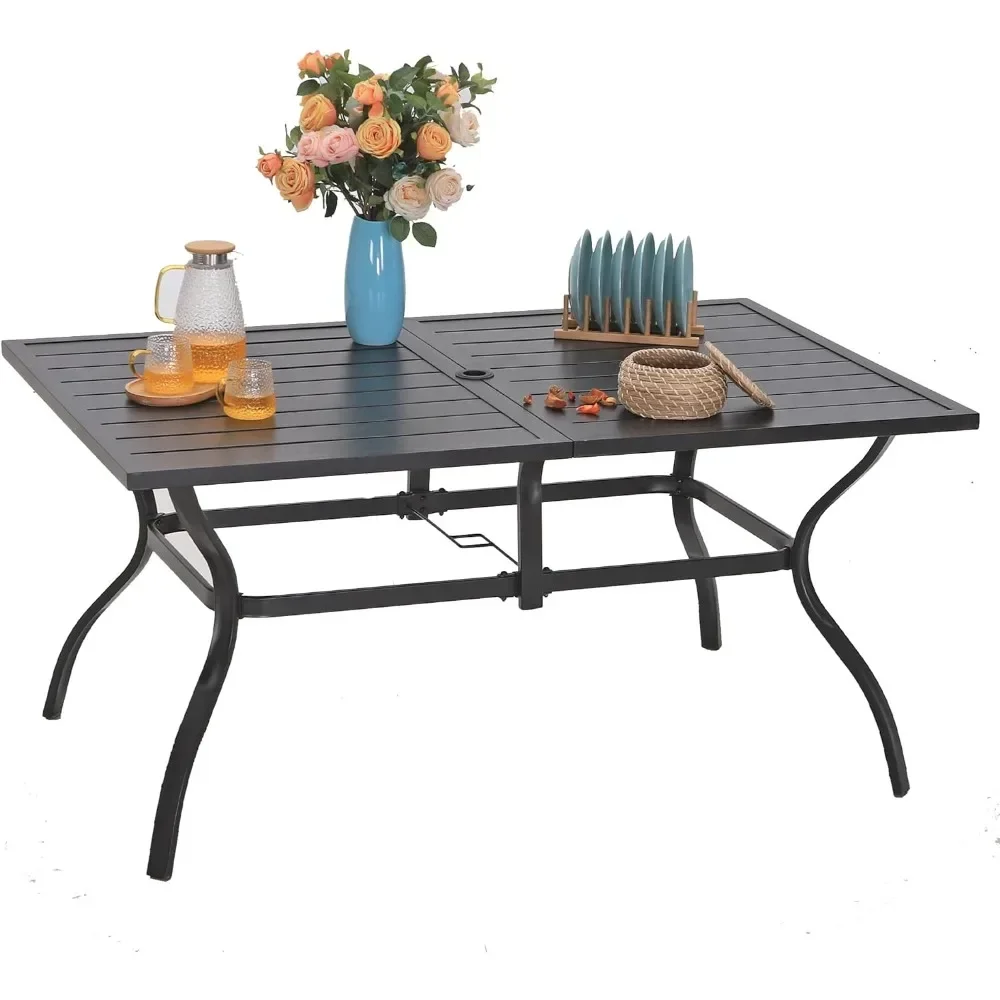 Outdoor Patio Table Rectangular Metal Patio Outdoor  Table, Black Steel Slatted Weather-Resistant Table Outdoor Tables