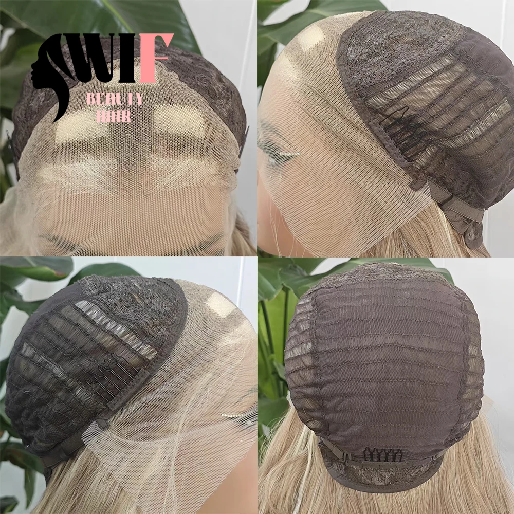 WIF تسليط الضوء على شعر مستعار اصطناعي بني خط شعر طبيعي فضفاض موجة الدانتيل الجبهة الباروكات مزيج الشعر البني ألياف الحرارة ماكياج الاستخدام اليومي للنساء #5