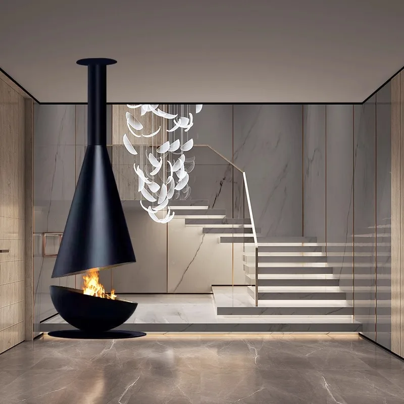 High-End Custom Black Circular Wall-Mounted Fireplace Real-Flame Heating Stove Indoor Use Guesthouses Apartment Buildings