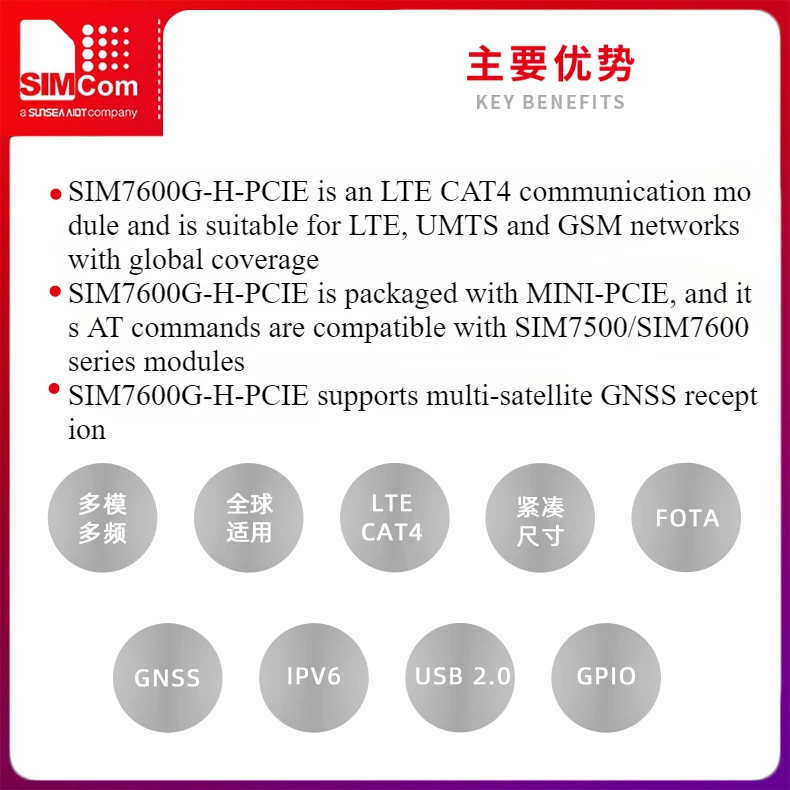 Модуль связи SIMCOM 4G CAT4 SIM7600G-H-PCIE, глобально доступен с позиционированием