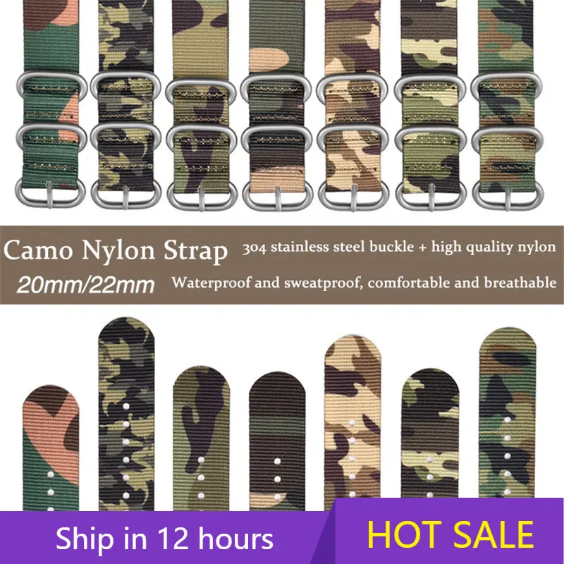 High Quality Camouflage Five Rings Nylon Strap Sports Band 20MM 22MM Casual Men Women Watch Accessories