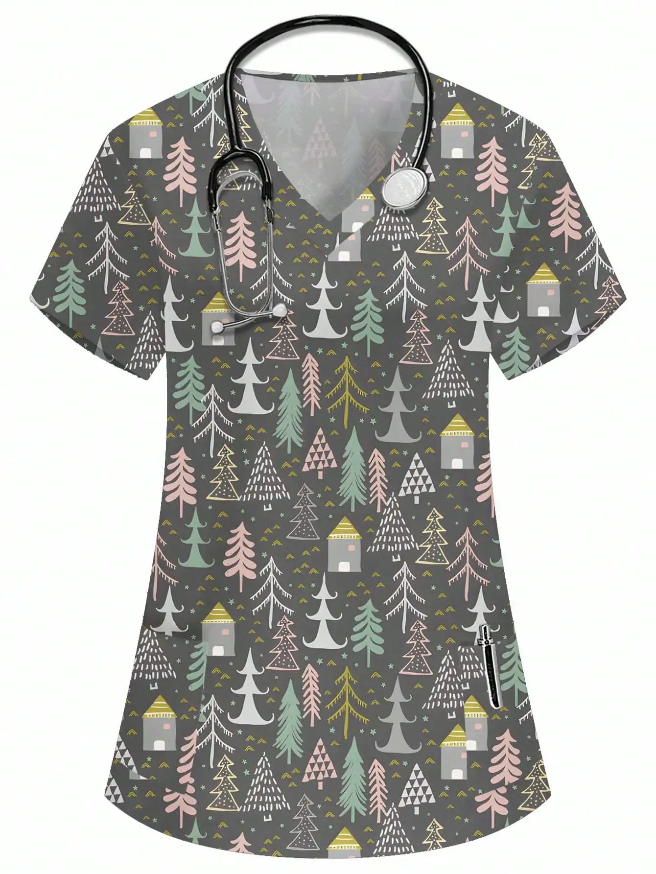 

Christmas Tree And House Print V-Neck Short Sleeve Scrub Top For Women
