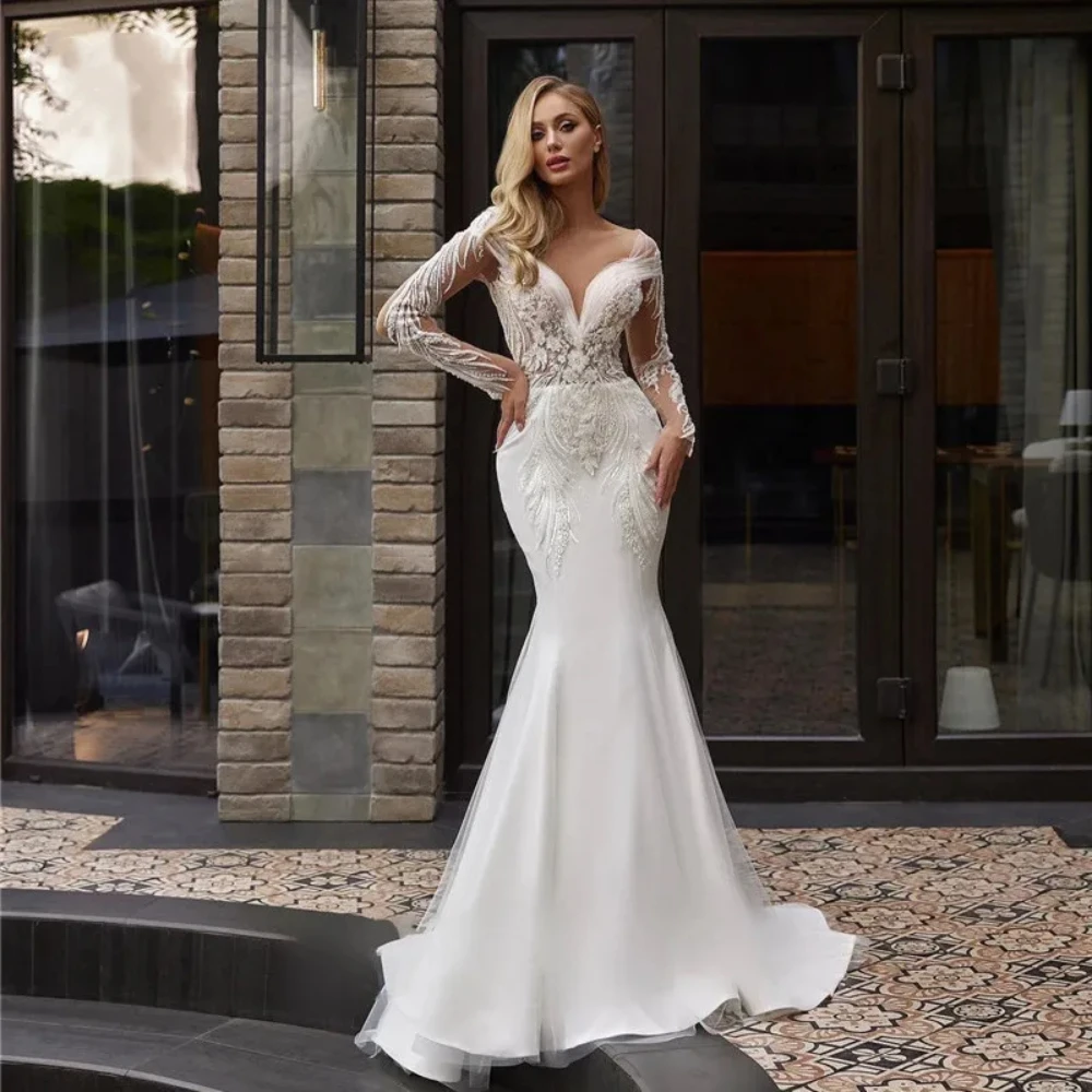 Vestidos de casamento brancos para mulheres, decote em v, penas sensuais, apliques de renda, vestidos nupciais, zíper traseiro, requintado