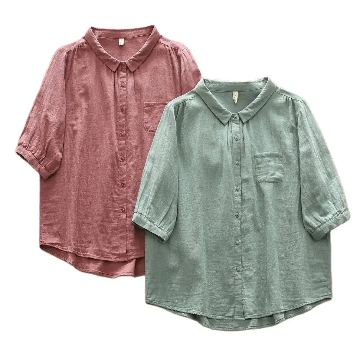 New Spring Cotton Yarn Solid Loose Shirt Women Lapel Short Sleeve Top Girl Fashion Retro OL Commute Blouses 2024 Summer T45449QC