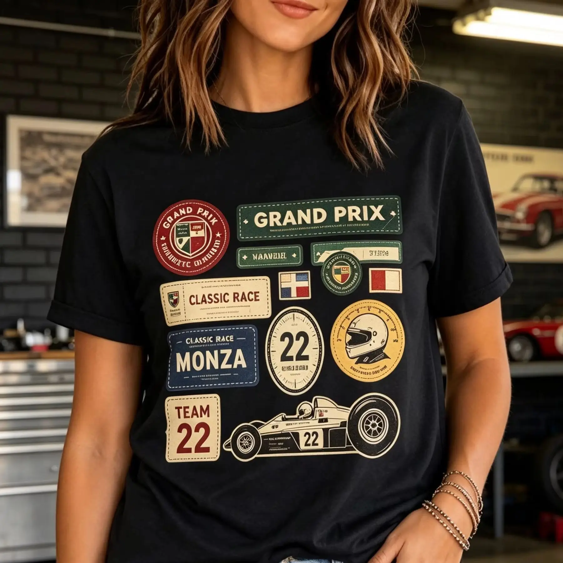 Women's Vintage Grand Prix Racing Badge Collage T-Shirt, Retro Monza Classic Race Car Helmet Patchwork Casual Short Sleeve Tee
