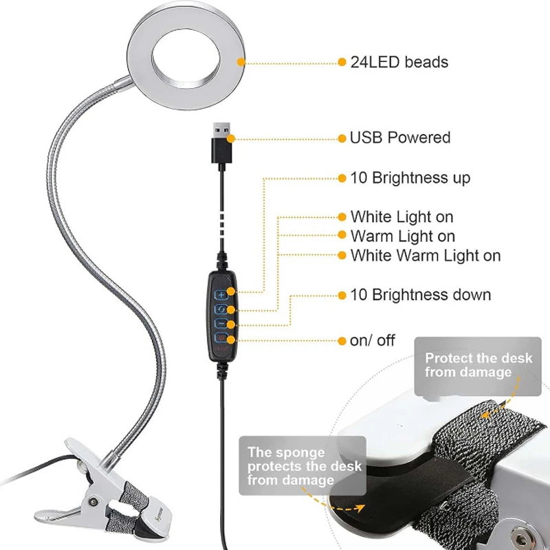 3 Color Modes 24 LED Desk Lamp Magnifying Glass With Clamp USB Cold Light for Read Repair Tattoo Makeup Beauty Salon Equipment