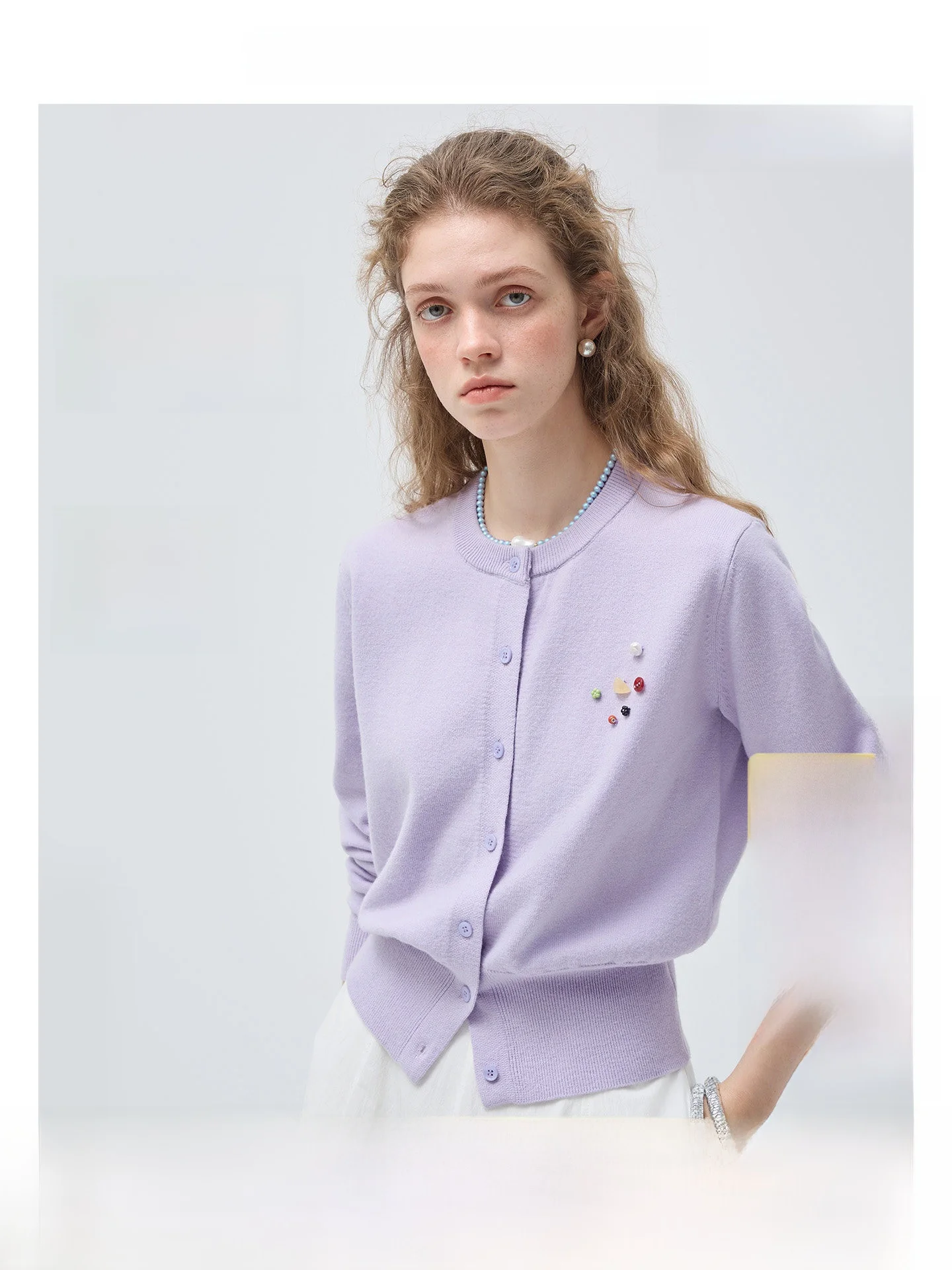 

Vega Chang round Neck Knitted Woolen Cardigan Women's Purple Spring New Arrival Loose Fit Korean Style Long Sleeve Knitwear