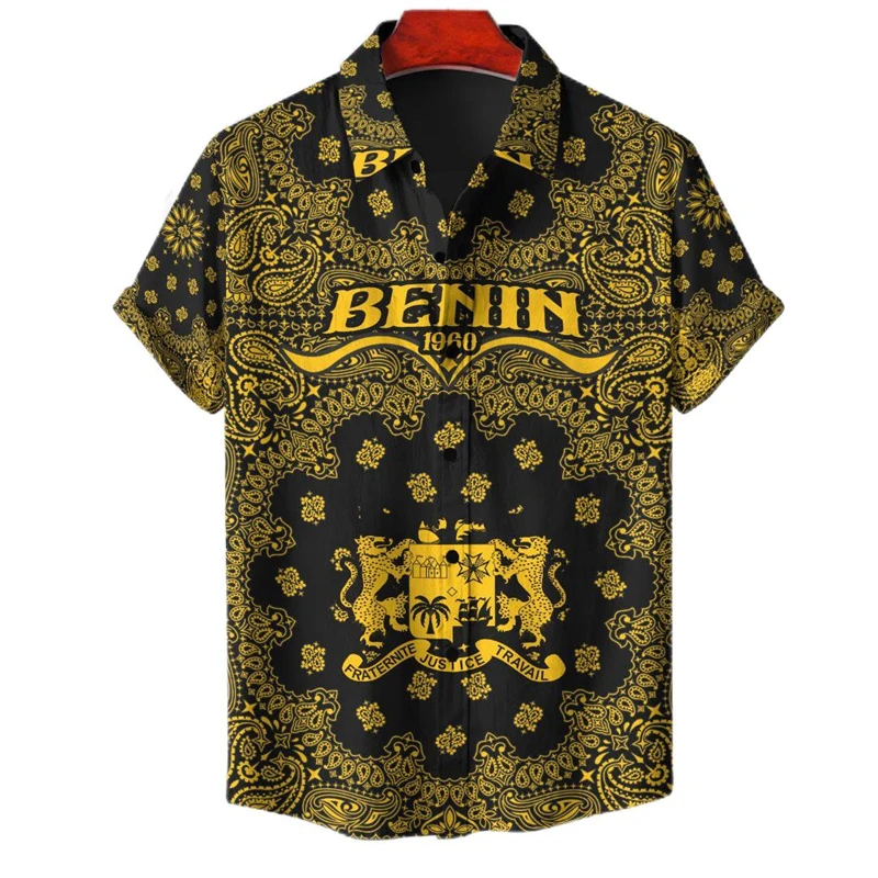 Benin Flag Map Graphic Shirts For Men Clothes Casual Hawaiian Short Sleeve Shirt Africa Country Blouses National Emblem Tops