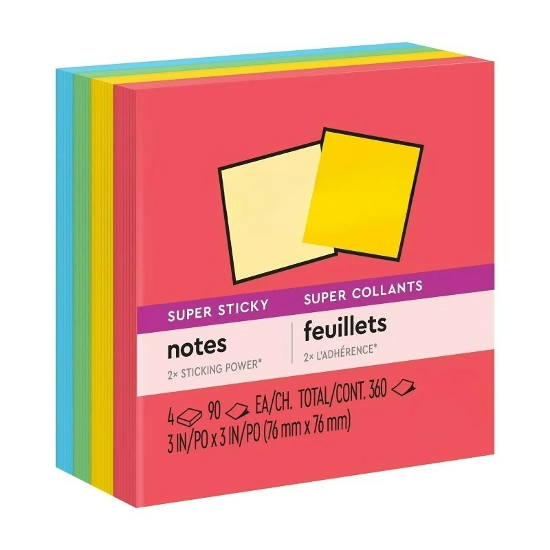 Super Sticky Notes, 3 in. x 3 in., Playful Primaries, 4 Pads