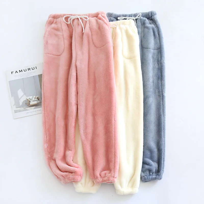 

Женские фланелевые брюки для сна, осень-зима, плотные теплые свободные брюки из кораллового флиса, повседневная удобная домашняя одежда с завязками на ногах