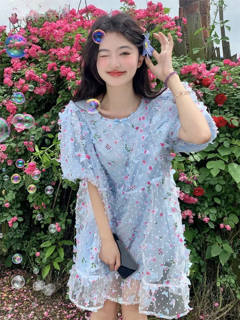 

Summer New Lace Mesh Floral Bow Crew Neck Short Dress Sweet Cute Girls High Waist Bubble Short-sleeve A-line Dresses