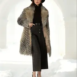 Natural Fox Fur Stripe Coat with Big Collar, Furry Fluffy Coat, Long, Real, Blue Color, Green, Red, 220610