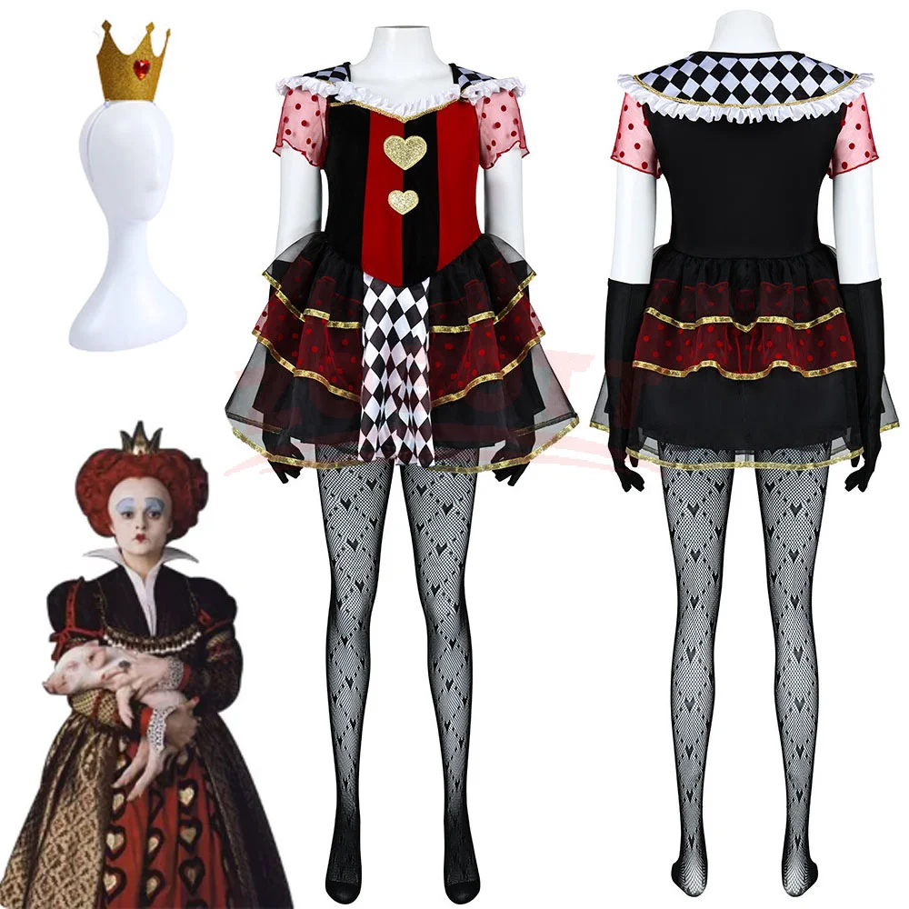 nouveau-costume-d'halloween-de-reine-au-cœur-rouge-mini-jupe-a-volants-rouge-noire-et-or-avec-gants-longs-tenue-de-fete-cosplay-a-motifs-de-poker-et-a-carreaux