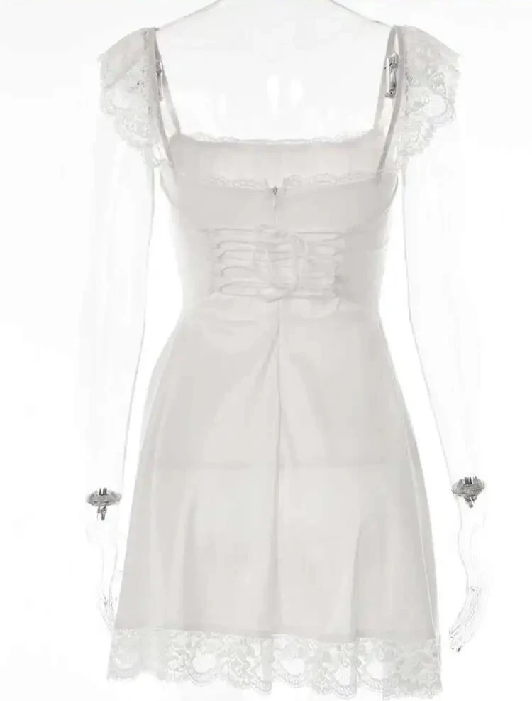 화이트 레이스 러플 백리스 섹시 드레스 여성 밴디지 플리츠 미니 여름 드레스 우아한 공주 캐주얼 드레스 베스티도스