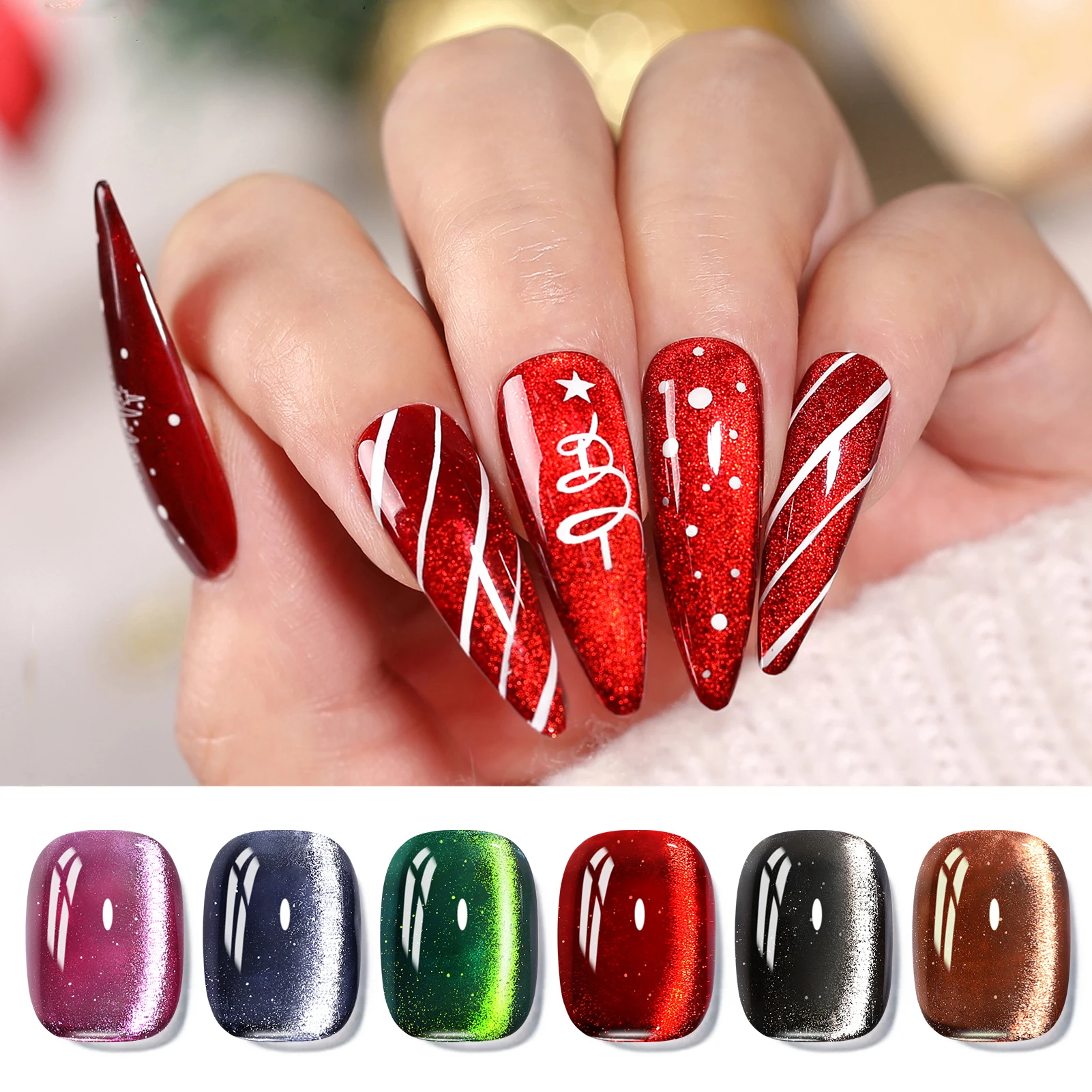 BORN PRETTY HEMAフリー クリスマス グラスビーズ キャットマグネティック ジェルネイルポリッシュセット 6本入り クリスマスグリッター 長持ち マニキュア