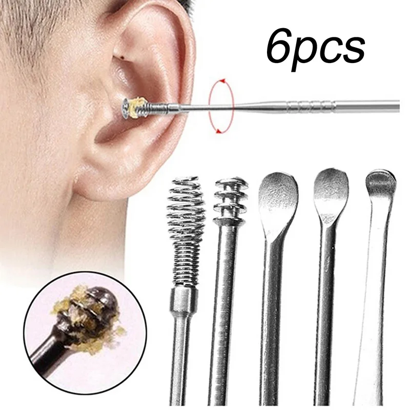 6pcs/box Stainless Steel Ear Pick Spiral Spring Ear Pick Cleaner Portable Ear Cleaner