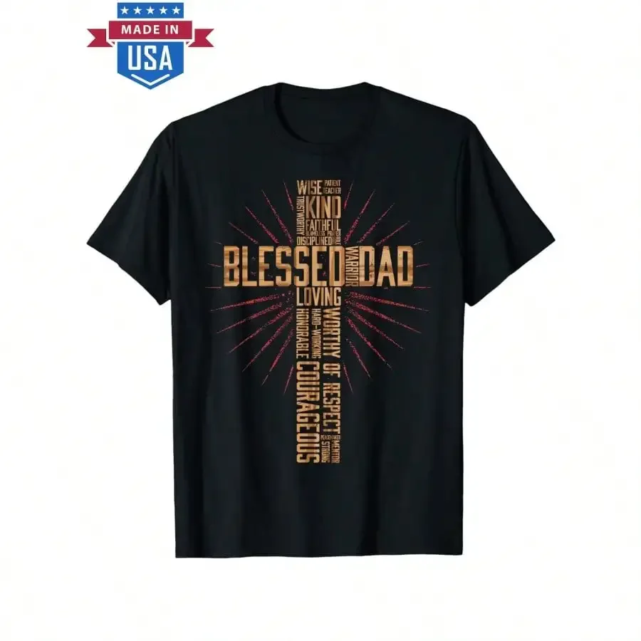 

Blessed Dad Graphic T-Shirt - Christian Father's Day Gift for Husband, Black Cotton Crew Neck Tee with Inspirational Lettering,