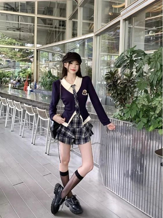 Autumn Korean Style Girl JK  Two Piece Set  high-waisted Plaid Skirt And Faux two-piece Shirt Women Fashionalbe Jk Uniform Set