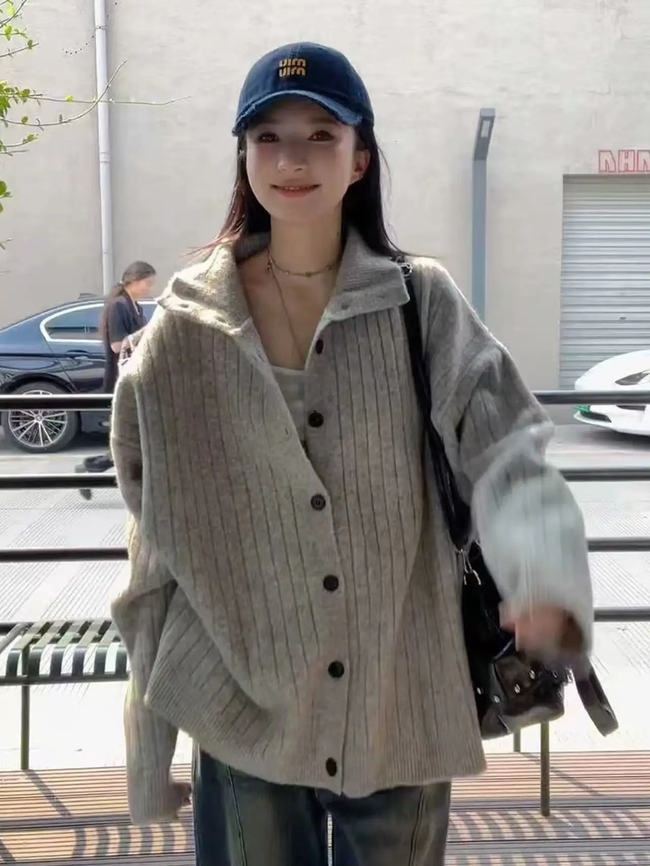 Autumn and winter 100% pure wool sweater lapel knitted cardigan women's thickened loose sweater coat high-end long-sleeved top