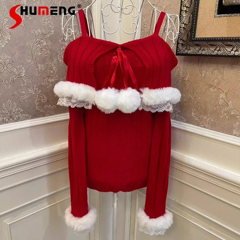 

New Year's Red Plush Imitation Rabbit Fur One-word Shoulder Ruffle Collar Lace Strap Hairball Slim Fit Loose Sweater Top Female