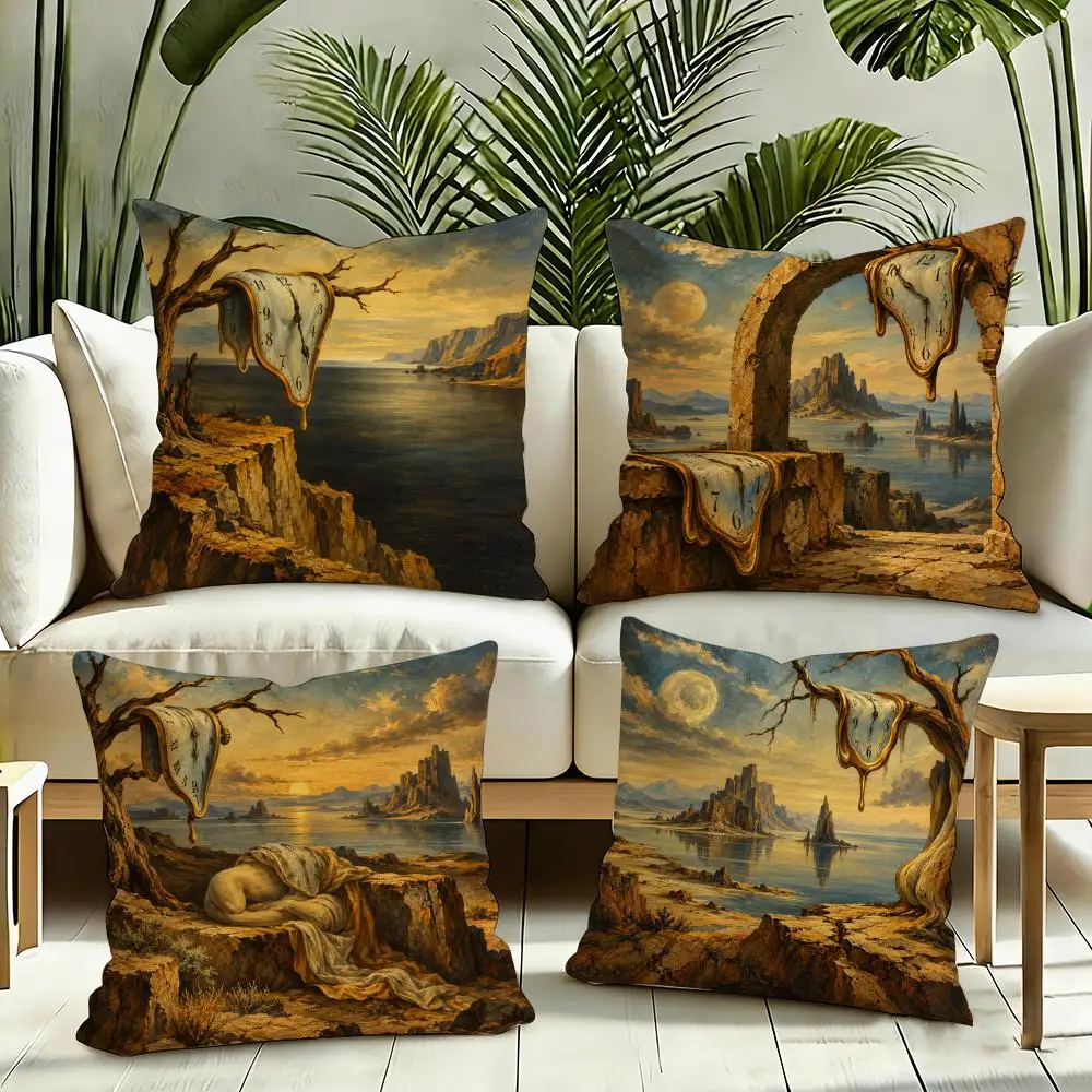 Surreal Melting Clocks Cushion Cover Silky Short Plush Invisible Zipper Dustproof Sofa Pillow Case for Home Decor