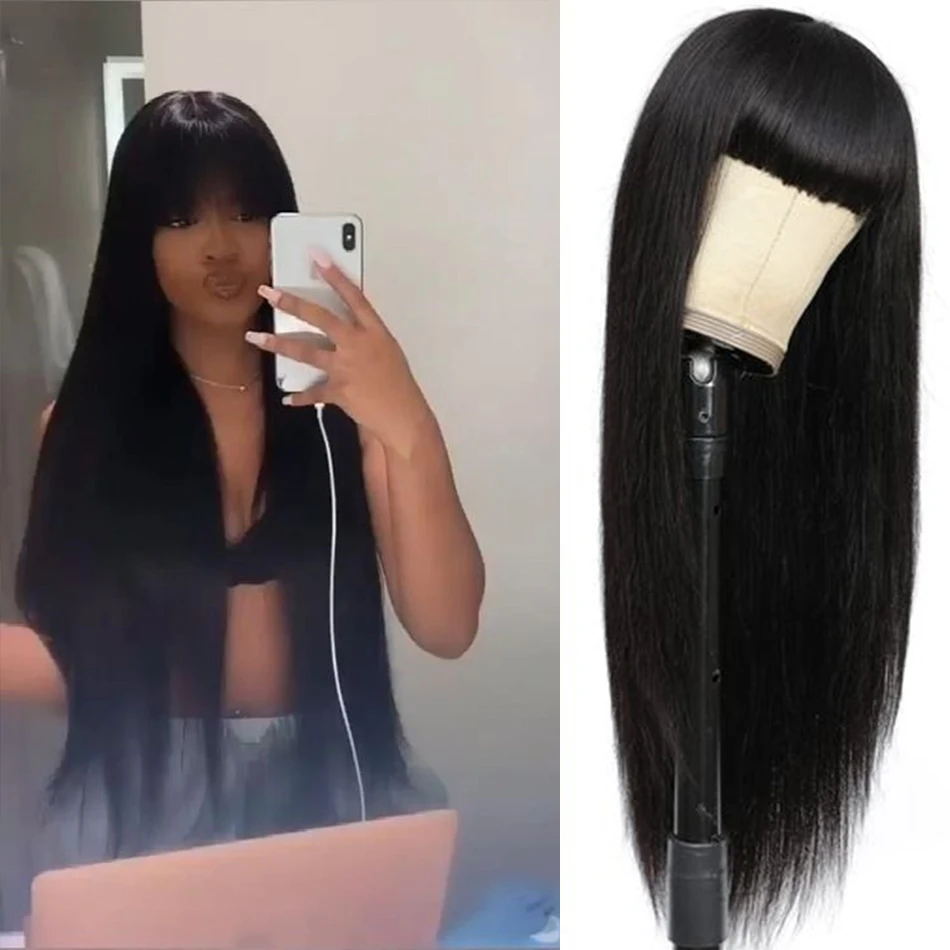 30 Inch Long Bone Straight Human Hair Wig With Bangs Short Bob Human Hair Wigs For Black Women Glueless Brazilian Fringe Wig