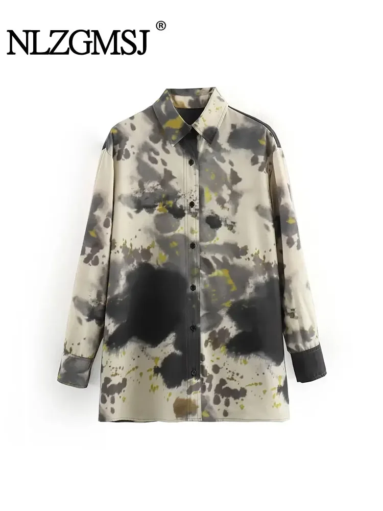 

Nlzgmsj TRAF Women Spring Autumn Tie Dyeing Printing Shirt Women Female Turndown Collar Long Sleeve Blouse Tops