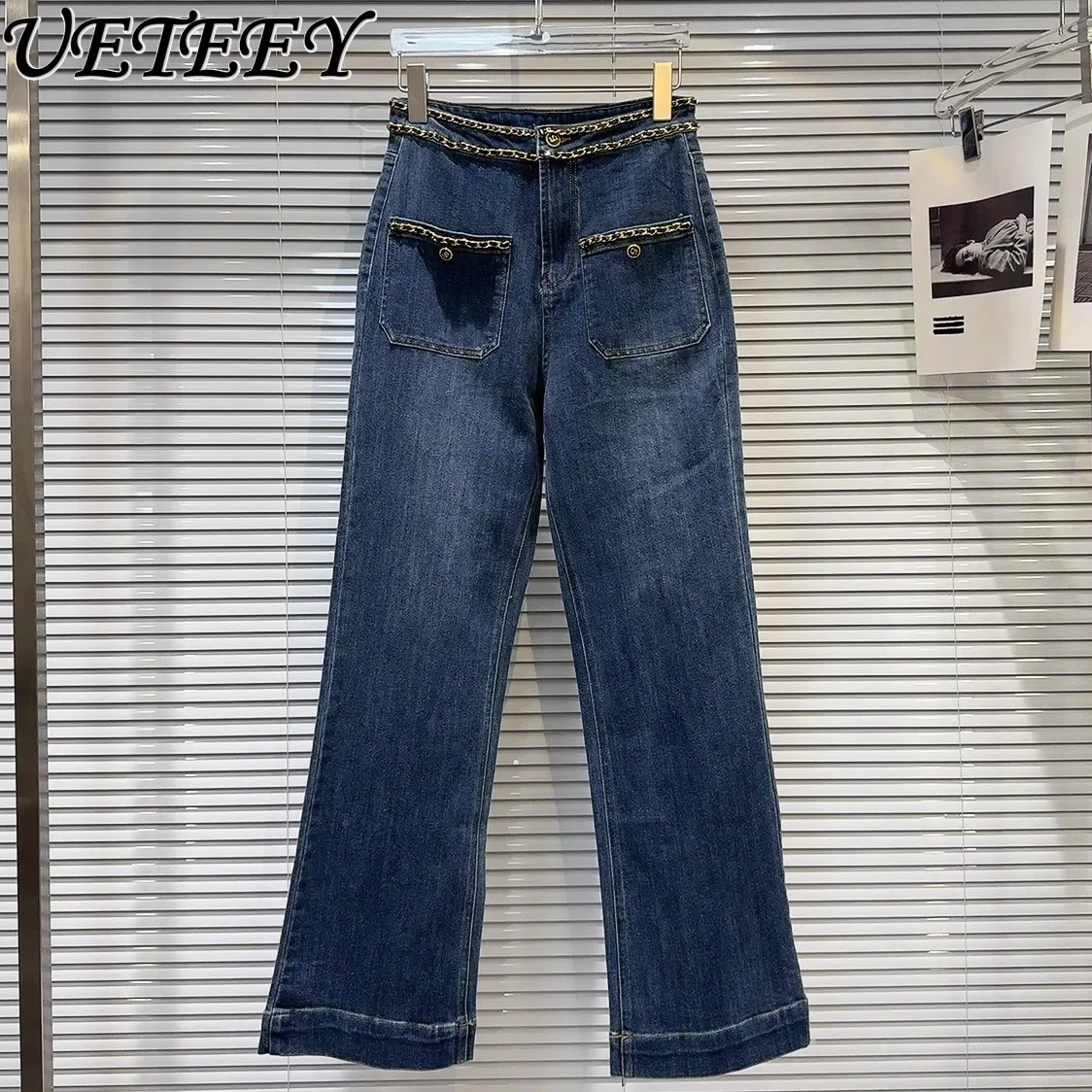 Spring and Autumn New Personalized Metal Woven Chain Pocket Design Jeans High Waist Straight Casual Denim Pants for Women