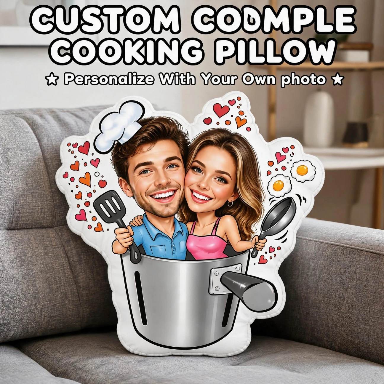 Custom Couple Photo Shaped Pillow, Funny Cooking Theme Personalized Picture Decorative Cushion, Unique Home Decor Accent for Sof