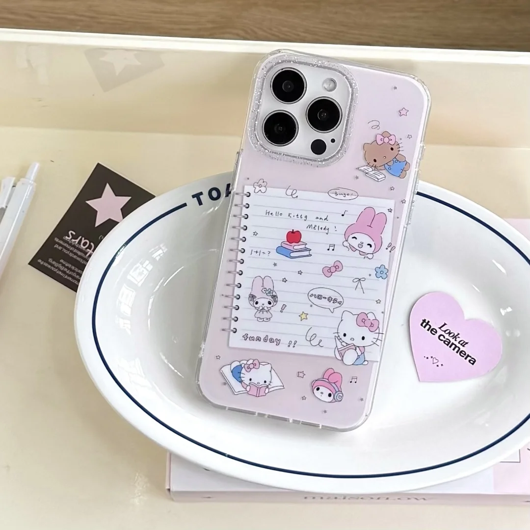 

NEW Cartoon Notebook Note Hello Kitty Melody happy Phone Case for iPhone 16 15 14 13 Pro Max anti-fall silicone protection Cover