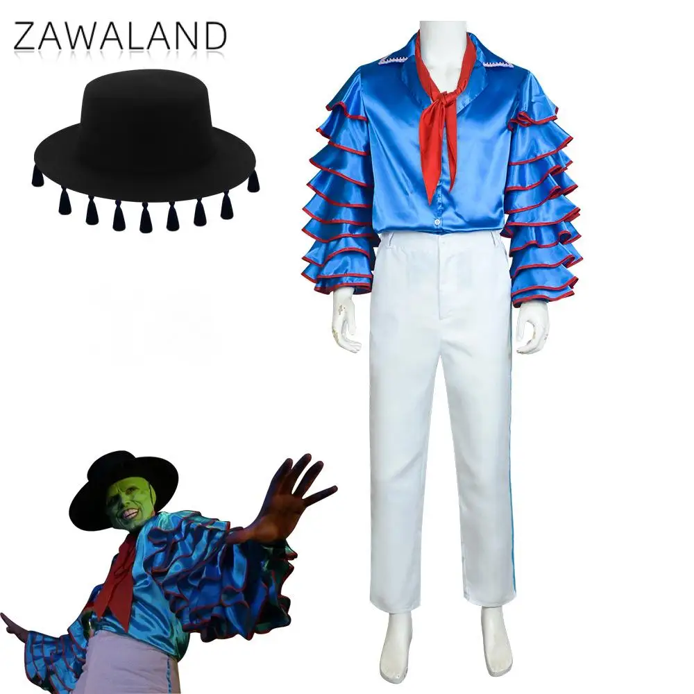 

Zawaland Movie Cosplay Costume Set Ruffled Bell Sleeve Satin Shirt White Pants Carnival Theme Party Outfit Show Performance Suit