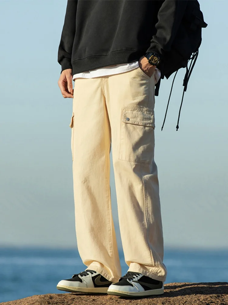 

Мужские свободные джинсы с широкими штанинами, весенне-осенние, в уличном стиле, прямые, рабочие брюки, повседневные длинные брюки для подростков