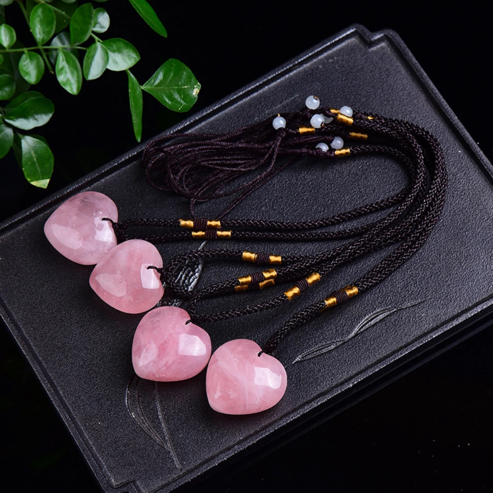 Natural Rose Quartz Heart Shaped Pendant Reiki Healing Pink Crystal Love Accessories Charms Necklace Jewelry