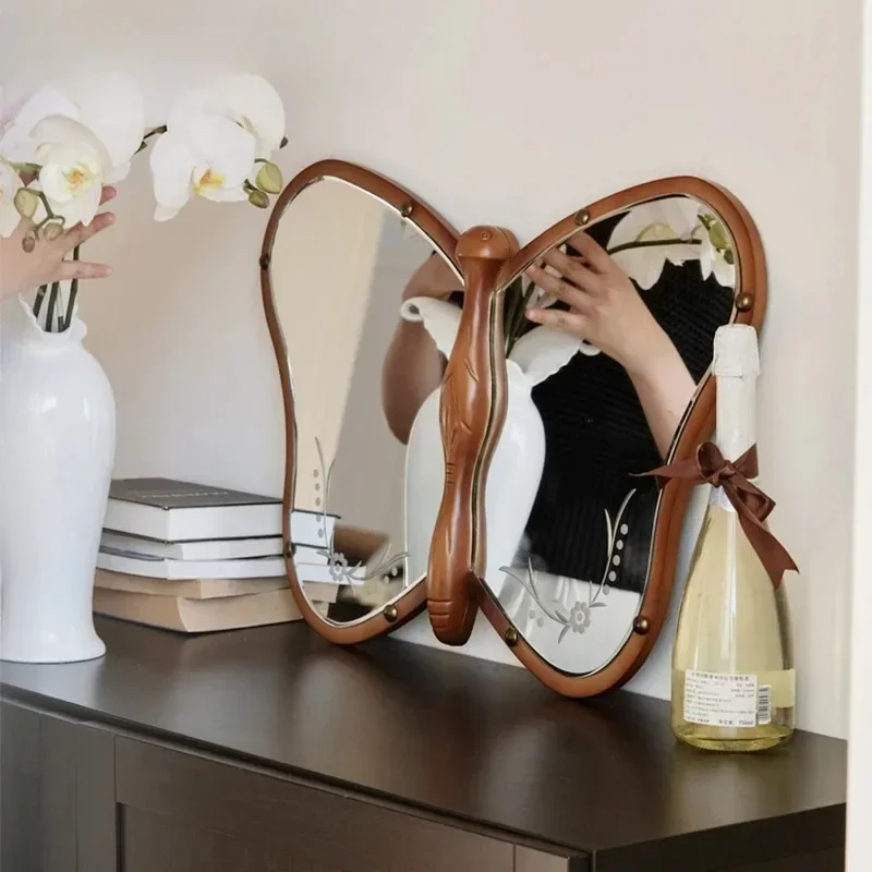 Antique style wall decor makeup mirror special-shaped artificial desk table top butterfly shape wooden mirror