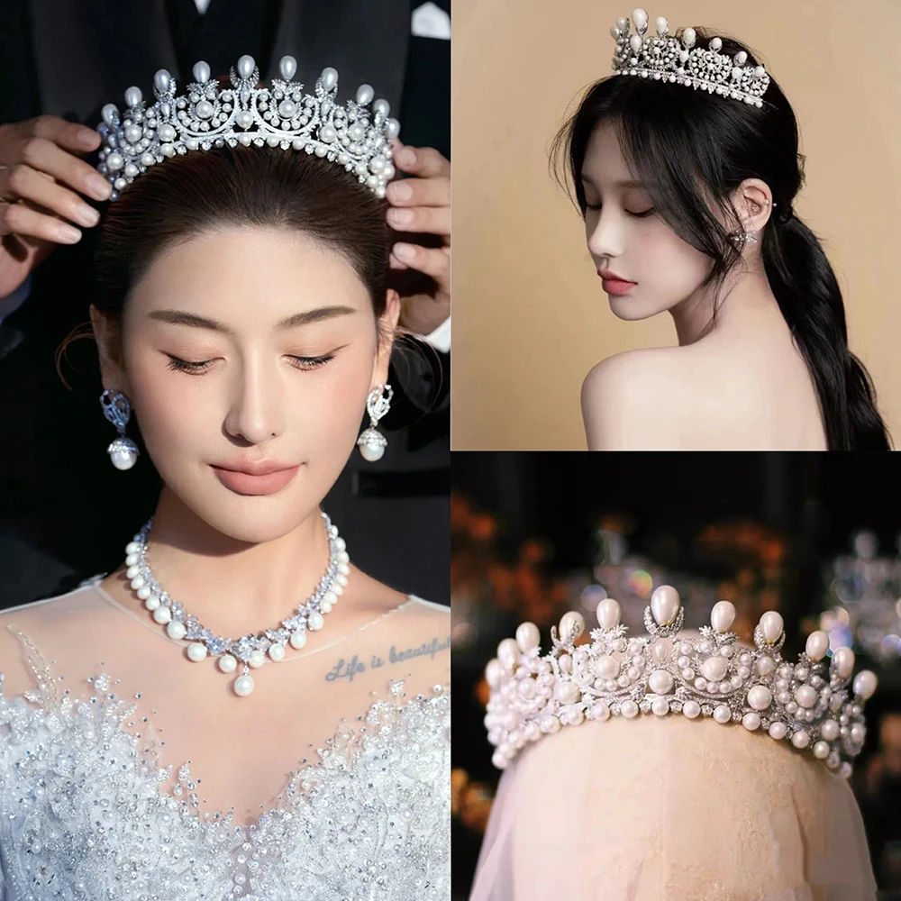 Himstory European Royal Retro French Queen Eugenie Pearl Tiaras Bride Wedding Zircon Hair Crown Wedding Headdress Accessories