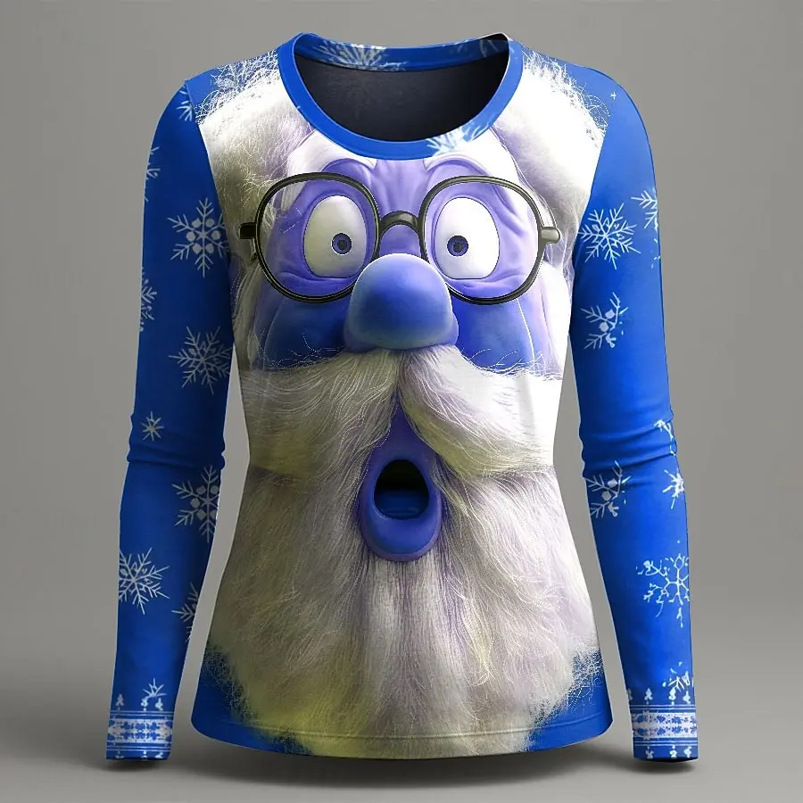 Christmas Autumn Women's Long Sleeved T-shirts 3D Santa Claus Pattern Round Neck Tshirt y2k Party Costumes Winter Woman Clothing