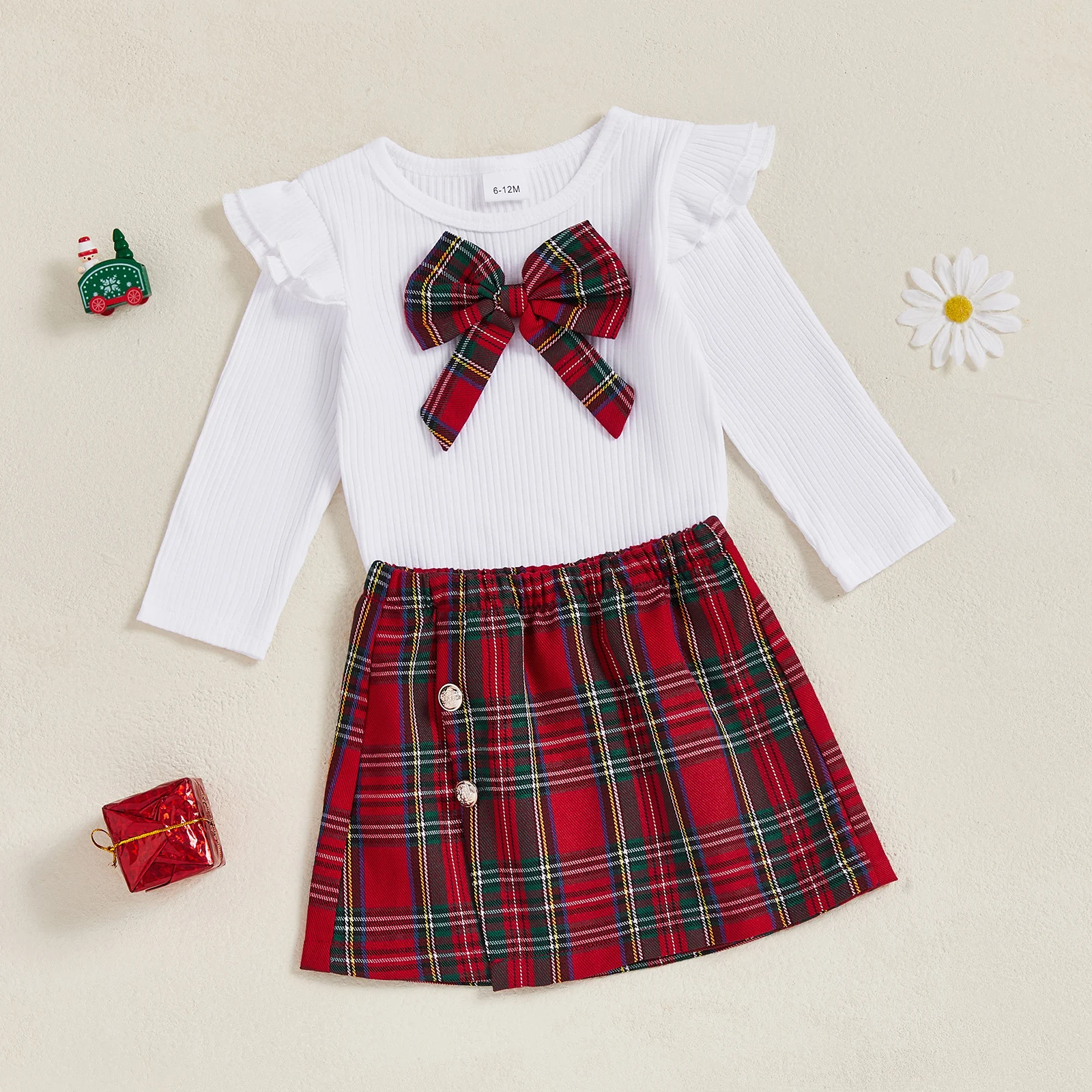 0-4Y Toddler Girl Christmas Outfit Bow Ruffles Long Sleeve Shirt and Plaid Skirt Set for Baby Cute 2 Piece Clothes
