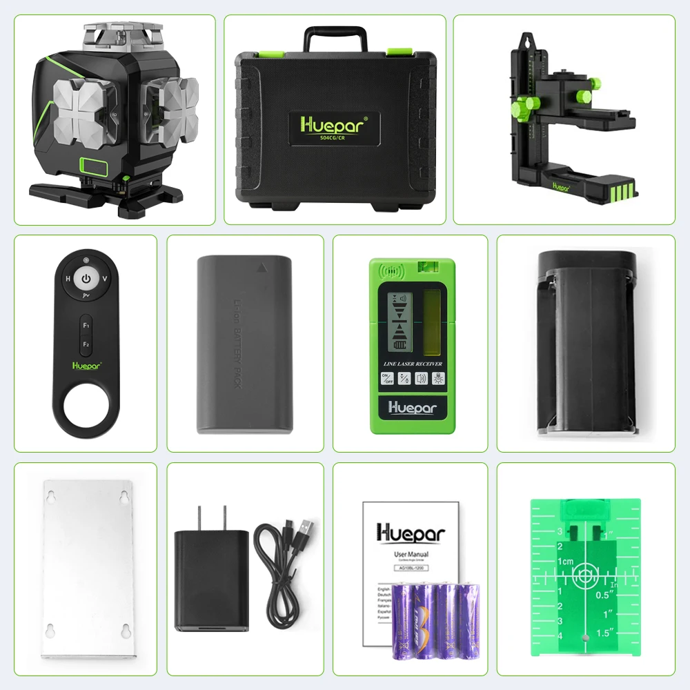 Huepar-4D Green Beam Cross Line Nível Laser Set com Detector, Bluetooth, Controle Remoto, Suporte, Kit de Ferramentas Hard Case, S04CG-5RG