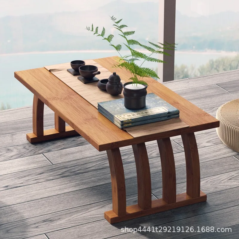 Chinese style bay window, small tea table, tatami, simple window sill, balcony, bamboo tea table, low table, carpet, small table