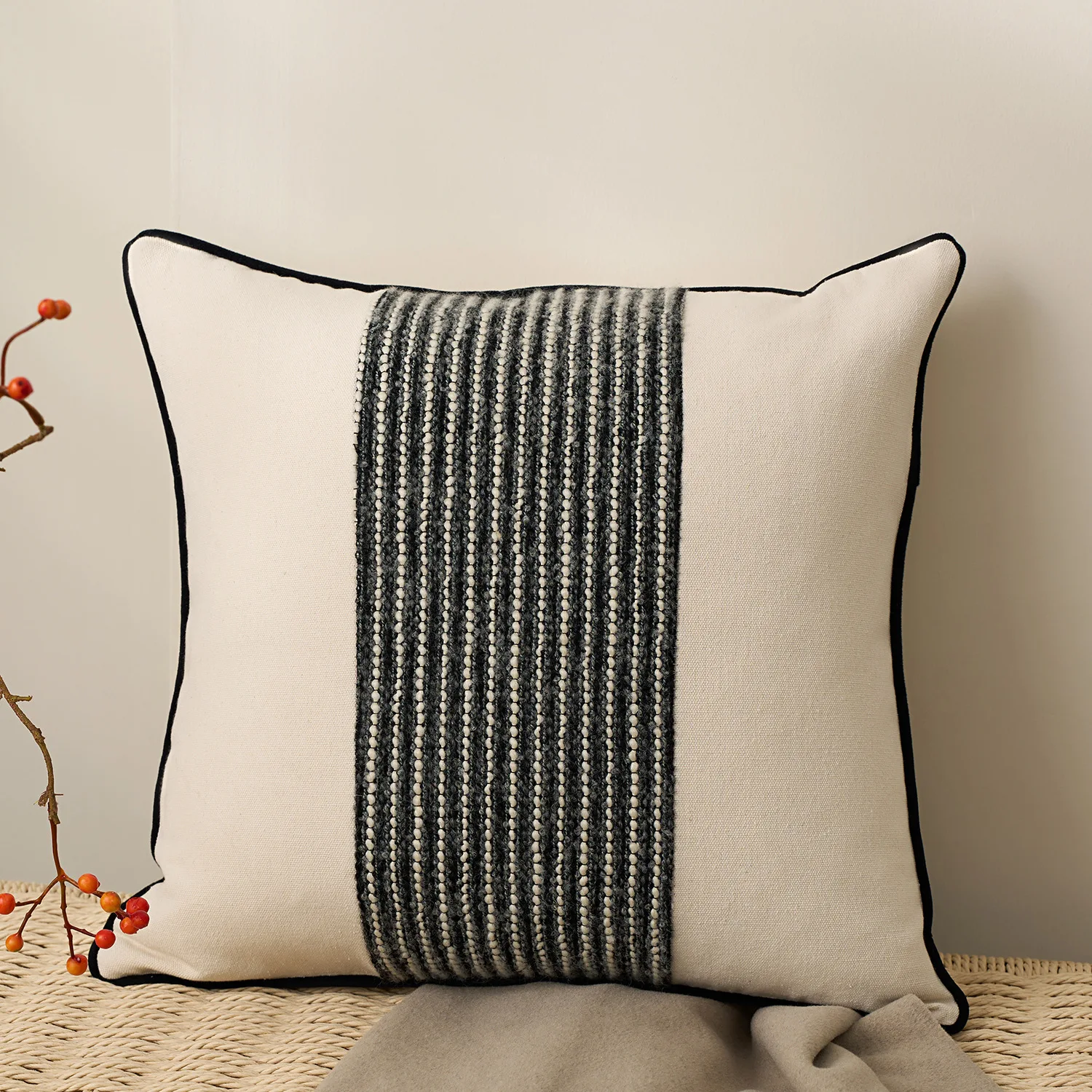 Cotton Linen Striped Rope Pillow Cover Black Coffee Ivory Pining Simple Decorative Cushion Cover Living Room Bedroom Size Option