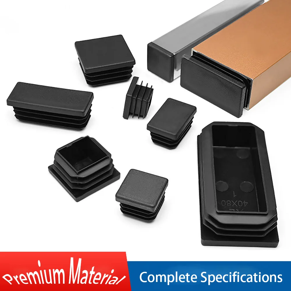 4PCS Black PP Plastic Square Rectangle Tube Plug 10x10mm~100x200mm Blanking End Caps Tube Pipe Inserts Bung Chair Feet Protector